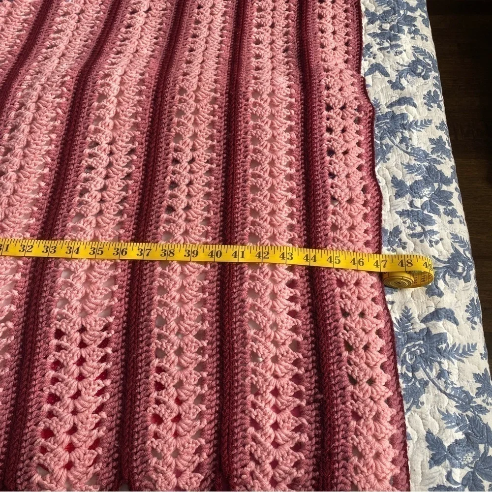Vtg. Rose Pink Striped Crocheted Throw 60” x 47” Grannycore, Cottagecore,